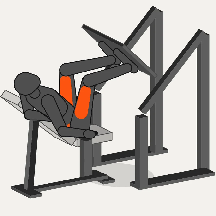 Gyme exercise illustration of a leg press with the quads and glutes highlighted in orange